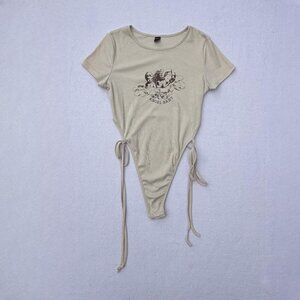 Shein Biege Ribbed Knit Angel Baby Cherub Graphic High Cut Bodysuit Sz L Autumn